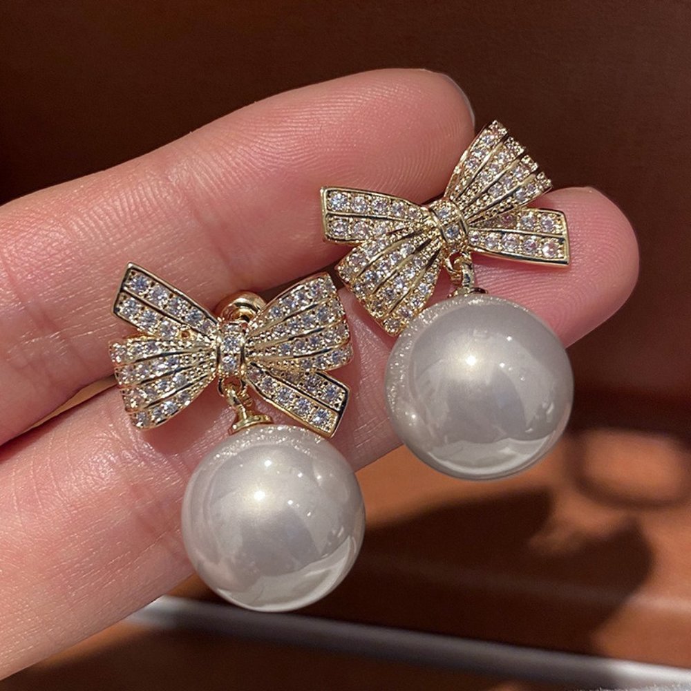 Gold Pearl Bow Earrings - Picture 5 of 6